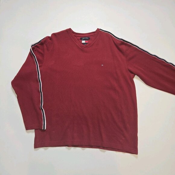 Tommy Hilfiger V Neck Sweater Mens XXL Logo Pull Over Red Striped Arm Vintage Bl - Picture 1 of 10